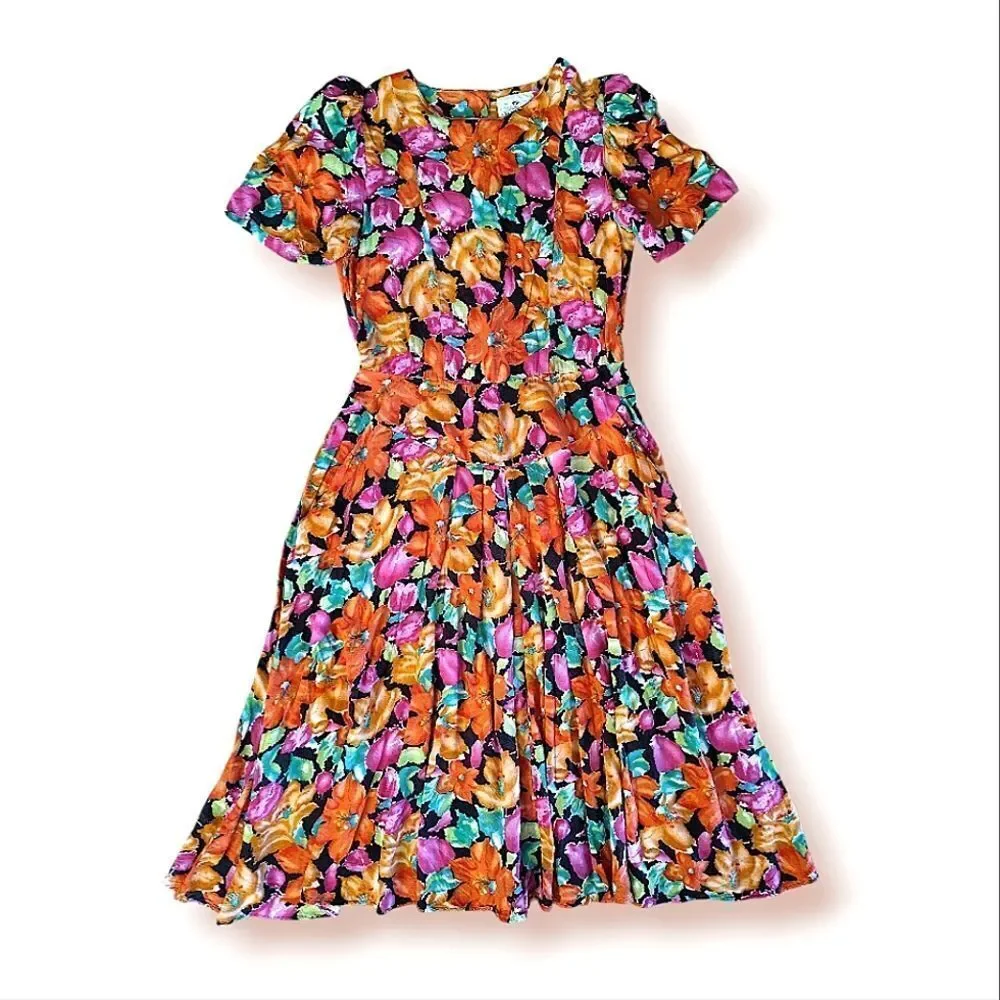 VTG 80s Bright Floral V Waist Midi Dress SZ 12 *Fits like Med Gardencore‎